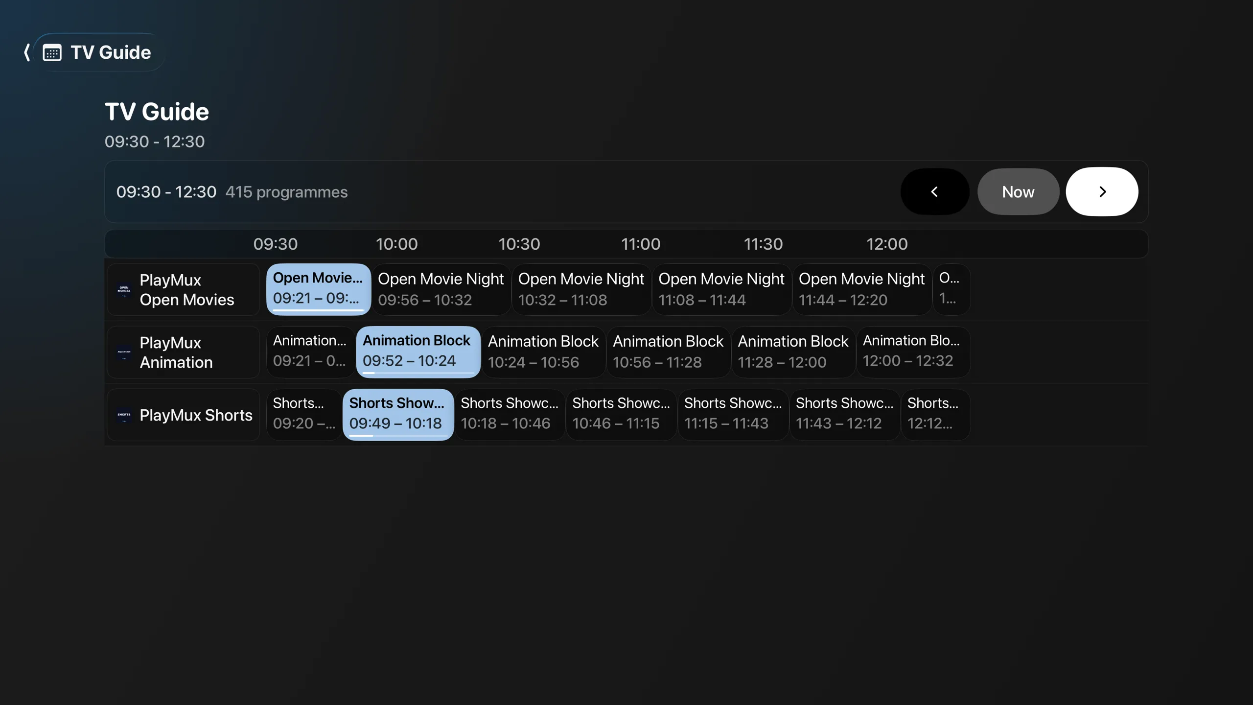 TV guide with demo channels in PlayMux on Apple TV
