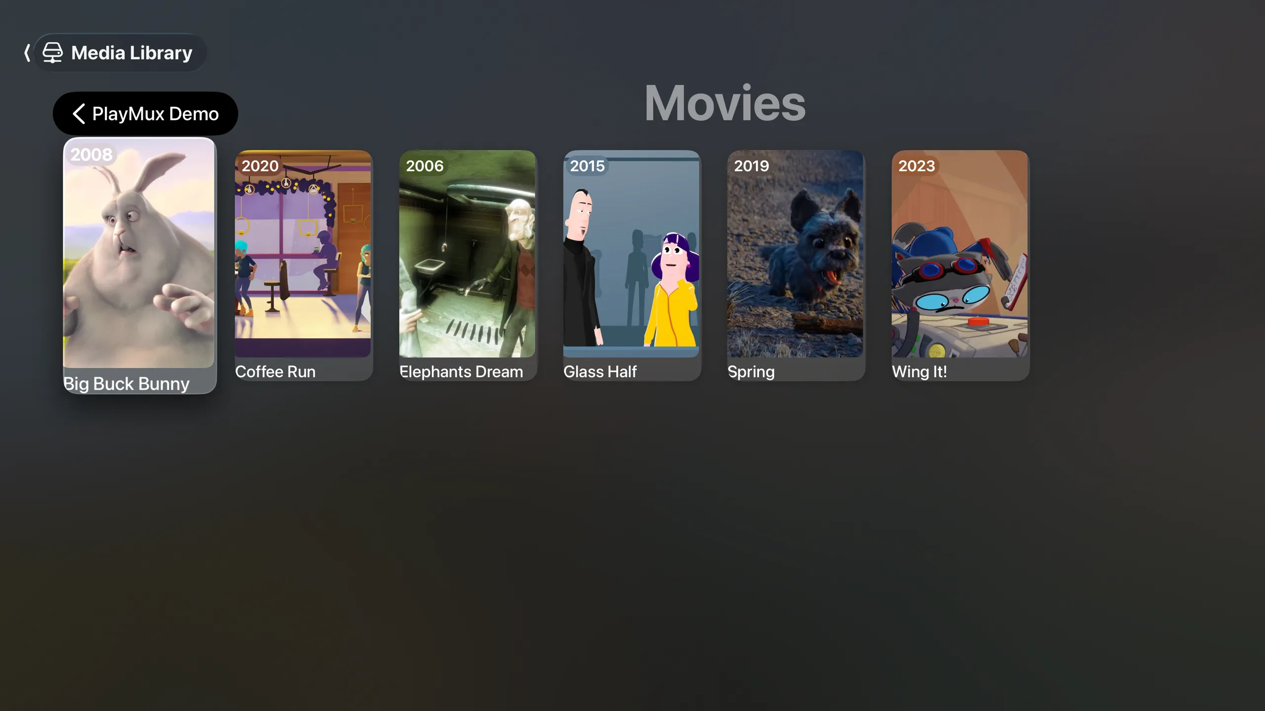 PlayMux on Apple TV with a media library of open movies