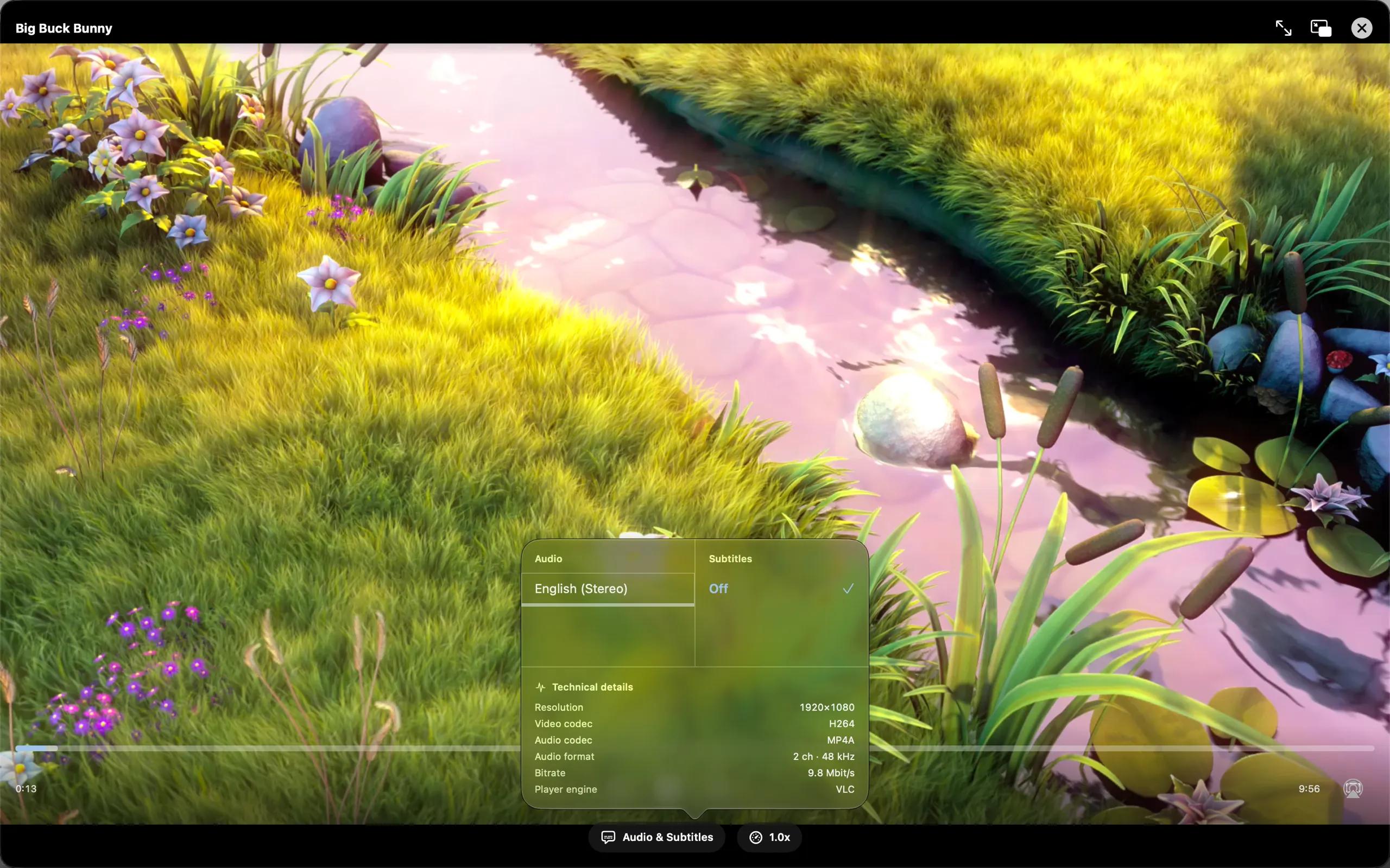 PlayMux player on a Mac with audio and subtitle selection